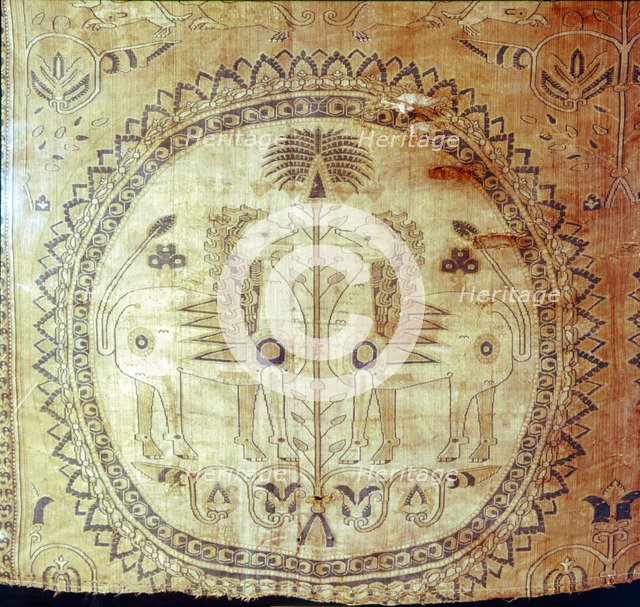 Silk cloth with lions and Palm Trees, Buk Kham region, central Asia, 8th-9th century. Artist: Unknown.