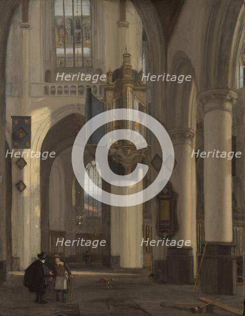 Interior of a Protestant Gothic Church with Motifs from the Oude and Nieuwe Kerk in Amsterdam, 1677. Creator: Emanuel de Witte.