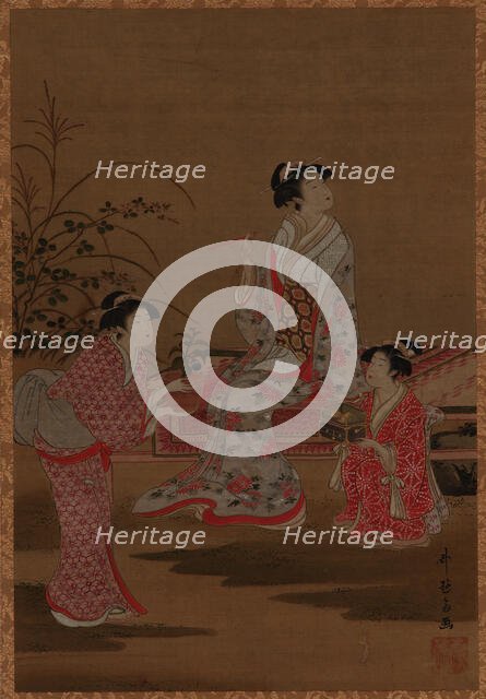 Young woman, with two girl attendants, seated in a garden, Edo period, 1615-1868. Creator: Unknown.