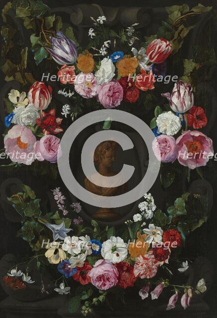 Cartouche Decorated with Swags and Sprays of Flowers, 1665. Creator: Jan Philips van Thielen.