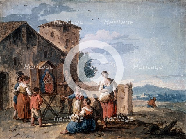 'A group of peasants before the tabernacle with the Standing Madonna statue, c1750.  Artist: Giuseppe Zais