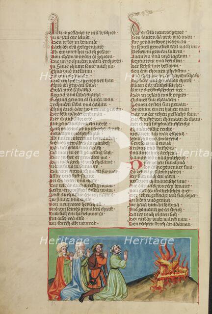 Nimrod and his Companions Venerating Fire; Weltchronik, about 1400-1410. Creator: Unknown.