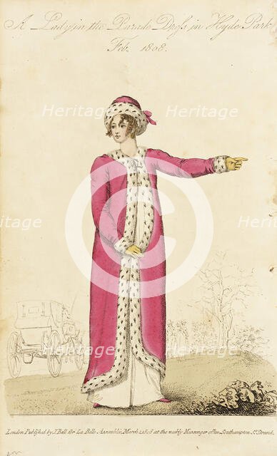 Fashion Plate (A Lady in the Parade Dress in Hyde Park), 1808. Creator: John Bell.