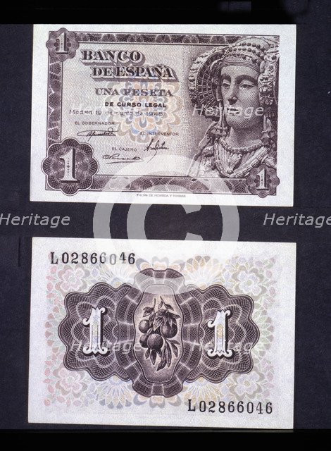 A one-peseta note, 1948, with the effigy of the Lady of Elche.