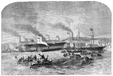 Launch of Three Iron Screw Steam-Vessels, at Newcastle-on-Tyne, 1856.  Creator: Unknown.