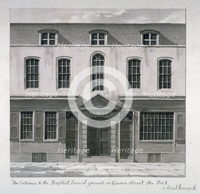 Entrance to a Baptist burial ground in Quilp Street, Southwark, London, c1825. Artist: Robert Blemmell Schnebbelie