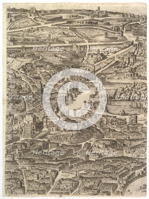 Plan of the City of Rome. Part 4 with the Santa Maria in Aracoeli, the Forum Romanum, the ..., 1645. Creator: Antonio Tempesta.