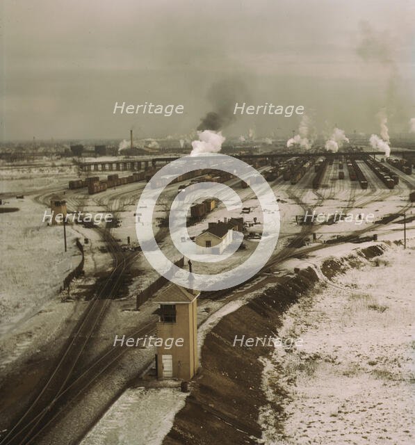 General view of the hump, Chicago and North Western railroad classification yard, Chicago, 1942. Creator: Jack Delano.