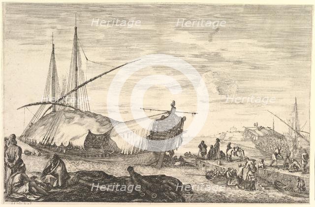 A galley covered in sails to left, six cannons and four people to left in foregroun..., ca. 1652-57. Creator: Stefano della Bella.