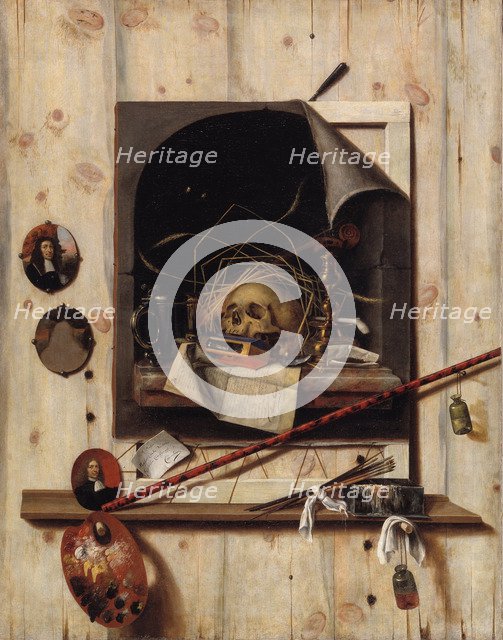 Trompe l'oeil with Studio Wall and Vanitas Still Life, 1668. Artist: Gijsbrechts, Cornelis Norbertus (before 1657-after 1675)