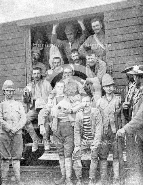 Soldiers of the 18th Hussars on the train to Pretoria, South Africa, Boer War, 1900. Artist: Unknown