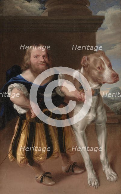The Italian Dwarf Giacomo Favorchi Attending the Elector of Saxony with the dog Raro, 1663-1666. Creators: Abraham Wuchters, Karel van Mander III.