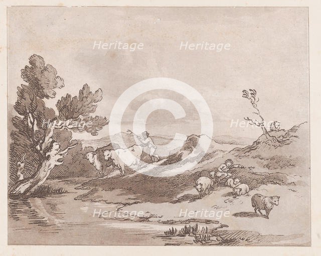 Landscape with a Figure Herding Cattle to Water, May 21, 1789., May 21, 1789. Creator: Thomas Rowlandson.
