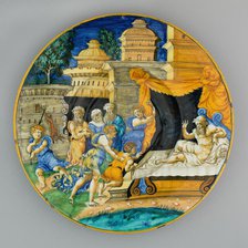 Plate with Isaac Blessing Jacob, Urbino, 1540/1545. Creator: Workshop of Guido di Merlino.