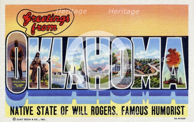 'Greetings from Oklahoma, Native State of Will Rogers, Famous Humorist', postcard, 1939. Artist: Unknown