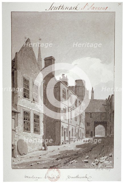 View looking towards the gateway of Montague House, Southwark, London, 1827. Artist: John Chessell Buckler