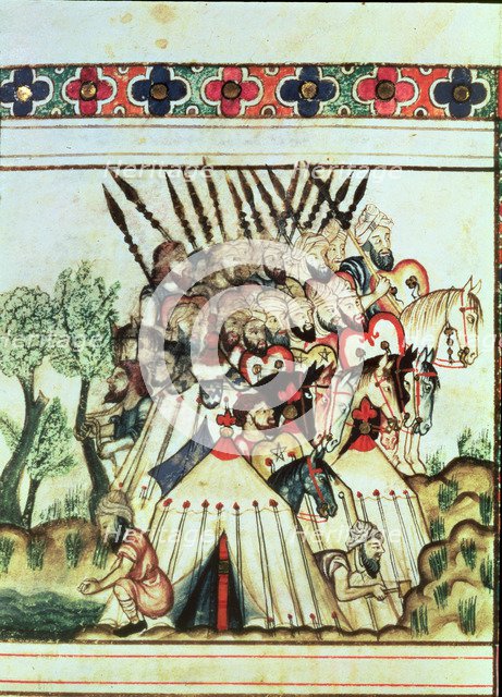 Muslims in a military expedition, their tents were luxurious. Miniature in the 'Cantigas de Santa…
