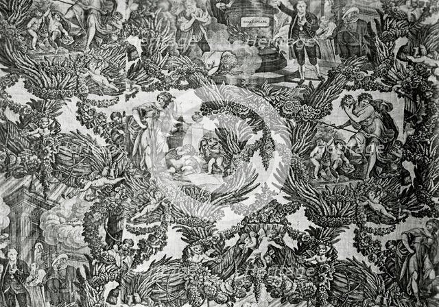 Garrick and Shakespeare with Tragedy and Comedy (Furnishing Fabric), England, c. 1790. Creator: Unknown.