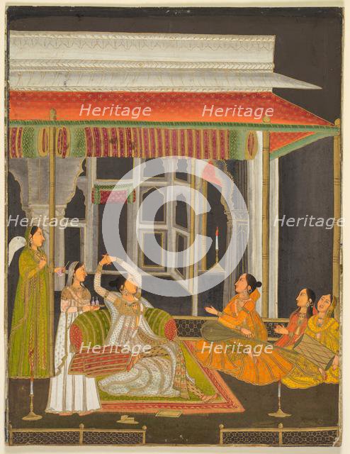 A princess on a terrace with attendants at night (recto); Calligraphy (verso), c. 1760. Creator: Unknown.