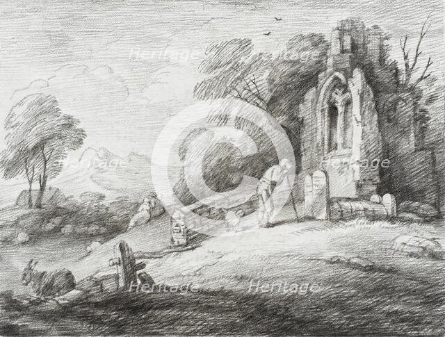 A Churchyard with Ruined Tower Among Trees on Rising Ground, 1780. Creator: Thomas Gainsborough.