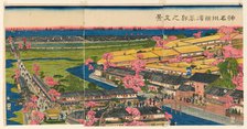 Panoramic View of the Pleasure Quarters in Yokohama, Kanagawa (Kanagawa Yokohama..., 1860. Creator: Sadahide Utagawa.