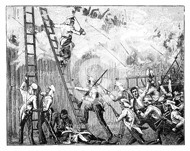 'Major Fraser's storming party carrying the stockade in front of Rangoon', 19th century. Artist: Unknown