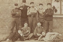 Belgian soldiers posing for a group portrait in a casual manner, 1908. Creator: Unknown.