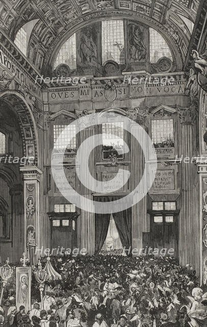 Pope Leo XIII giving his first blessing to the faithful from the inner balcony...1878. Creator: Bernardo Rico.