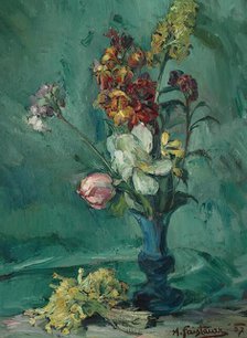 Flowers in blue vase and primrose bouquet, 1907. Creator: Anton Faistauer.