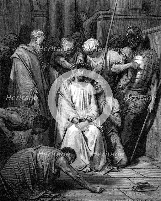 Christ mocked and the Crown of Thorns placed on his head. Artist: Gustave Doré