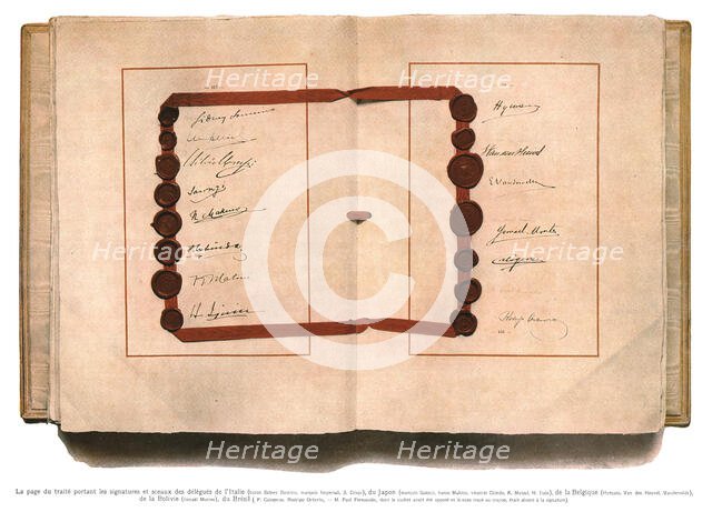 'La signature du traite de paix a Versailles; La page du traite portant les signatures et..., 1919. Creator: Unknown.