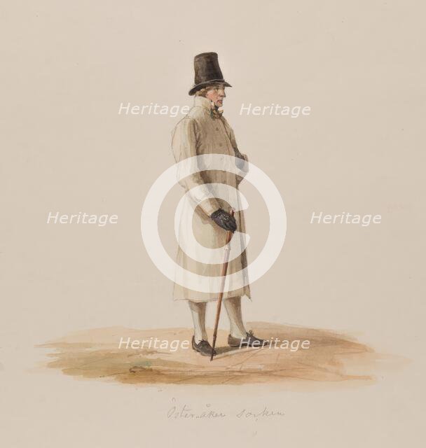 Apparel - Man in white coat with cane, 1840-1868. "Farmer from Österåkers sn, Oppunda hd, Söde... Creator: Josef Magnus Shore.