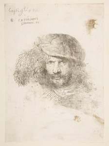 Head of a man wearing a feathered cap (possibly Bernini, possibly a self portrait..., ca. 1645-1650. Creator: Giovanni Benedetto Castiglione.