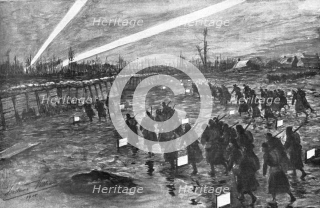'Sur le front Britannique; Devant Neuve-Chapelle: le rassemblement nocturne de l'infanterie', 1915 Creator: Frederick Villiers.