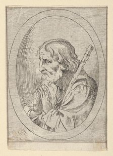 Saint Jude in prayer, seen in profile facing left with a staff resting on his shoulder, 1600-1640. Creator: Anon.