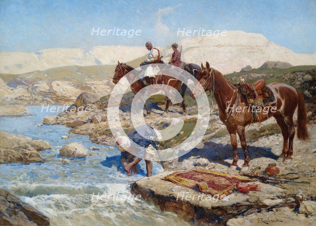 Cherkessian Horseman Crossing the River. Artist: Roubaud, Franz (1856-1928)