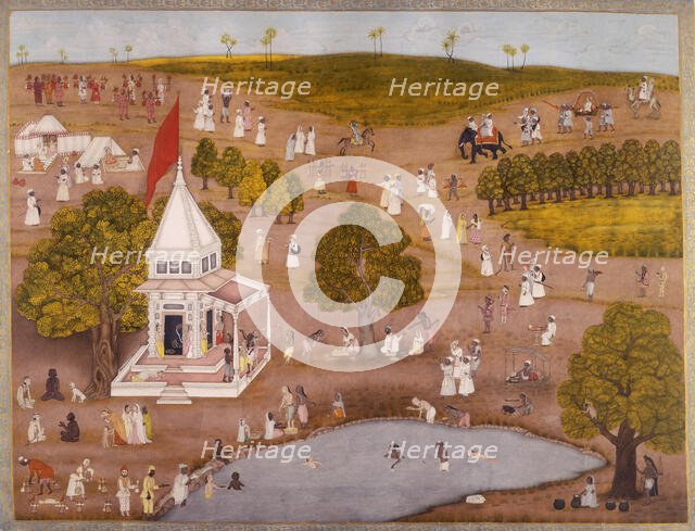 Indian landscape with people swimming near a temple, c1760. Creator: Unknown.