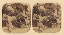 Two women in a horse-drawn carriage with two men drivers wearing top hats..., about 1858. Creator: LeBas.