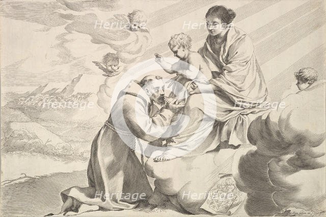 St Francis of Assisi Adoring the Christ Child on the Virgin's Lap. Creator: Claude Mellan.