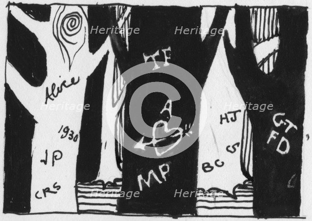 Carved trees, 1951. Creator: Shirley Markham.