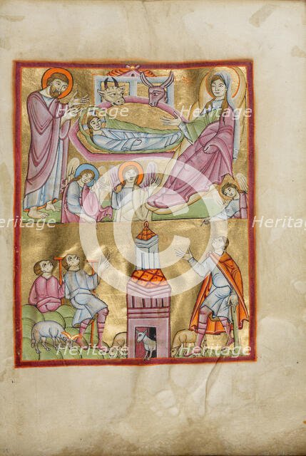 The Nativity and The Annunciation to the Shepherds; Benedictional, about 1030-1040. Creator: Unknown.