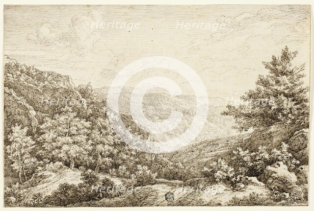 Landscape with Wooded Hills, Seated Figure, 1756. Creator: Nicolaes Emmanuel Perij.