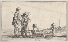 Plate 13: two peasants standing to left, a cripple kneeling on the ground in center, a..., ca. 1642. Creator: Stefano della Bella.