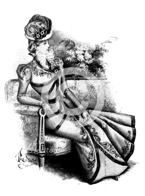 Ladies' Page: costume of green cloth piped with black satin, 1898. Creator: Picador.