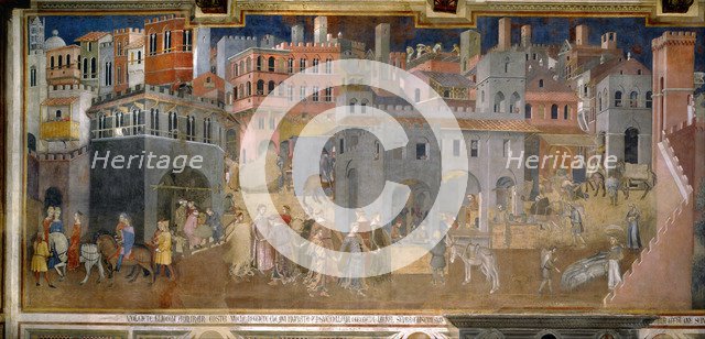 Effects of Good Government in the city (Cycle of frescoes The Allegory of the Good and Bad Government), 1338-1339. Artist: Lorenzetti, Ambrogio (ca 1290-ca 1348)