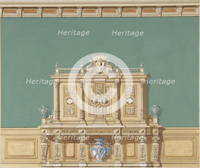 Interior Design with a Large Renaissance Style Cabinet against a Green Wall, late 19th cent (?). Creator: Anon.