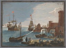 View of a seaport with ships and boats on the water, 1753-1797. Creators: Pierre François Basan   , Pierre Fouquet.