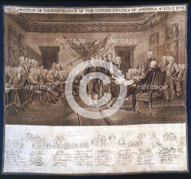 Declaration of Independance handkerchief, United States, c. 1876. Creators: Unknown, John Trumbull.