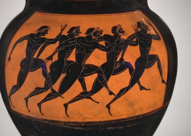 Gallery image of Panathenaic prize amphora with marathon runners at the Olympic games, ca 550-530 BC. Creator: Euphiletos, Attic vase painter (6th century BC).