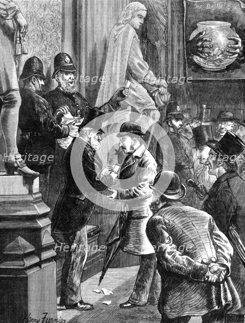 Drawing lots for admission to the Strangers' Gallery, House of Commons, 1881. Creator: Joseph Swain.